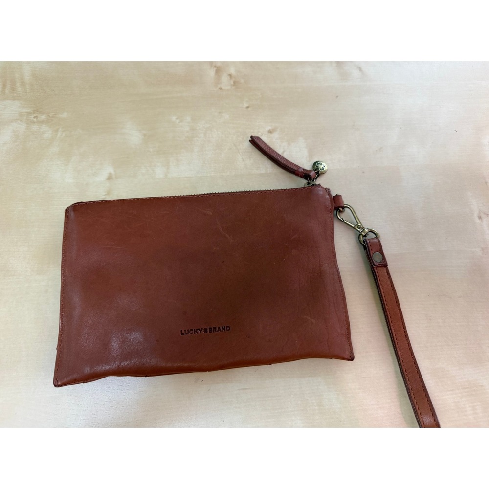 Lucky Brand Cognac Brown Leather Chevron Stitch Wristlet Clutch Bag - Picture 8 of 10